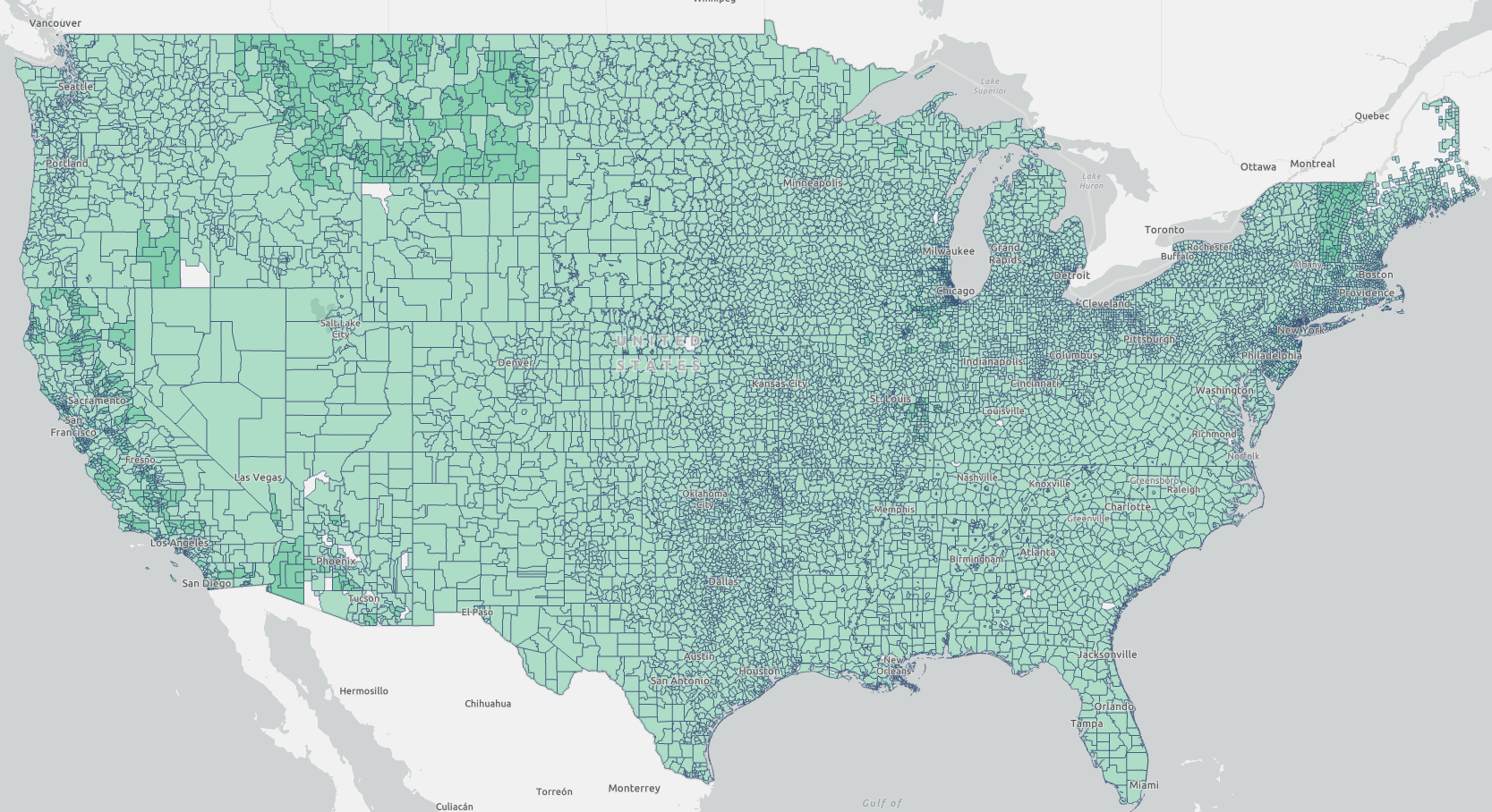 A map of the contiguous United States carved into more than 13,000 public school districts, each a small outlined cell, packed densely in the East and Midwest and stretched into larger shapes across the rural West.