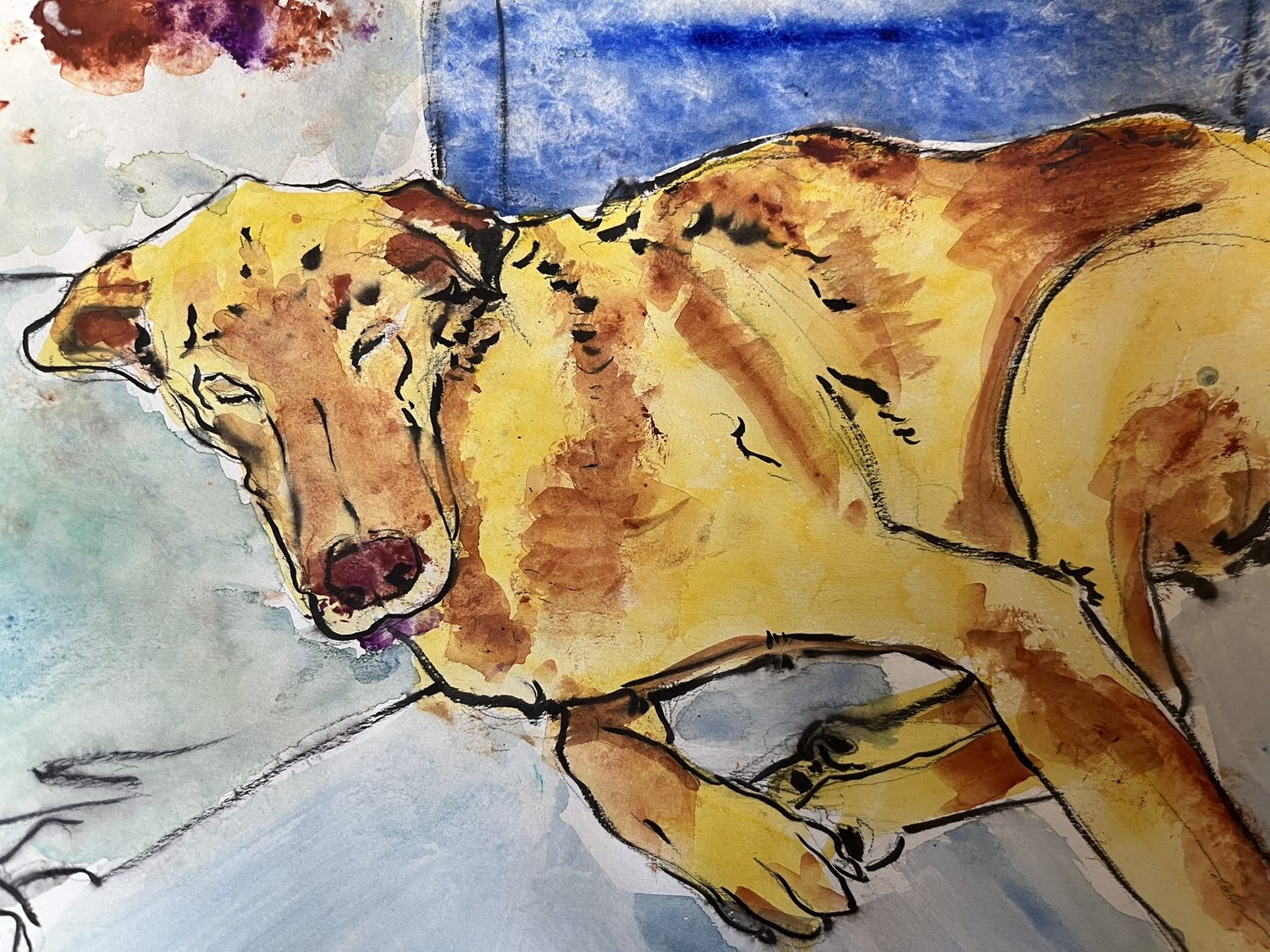 A loose ink-and-watercolor painting of a yellow dog, Goose, lying down with its head resting low, against a blue and grey wash background.