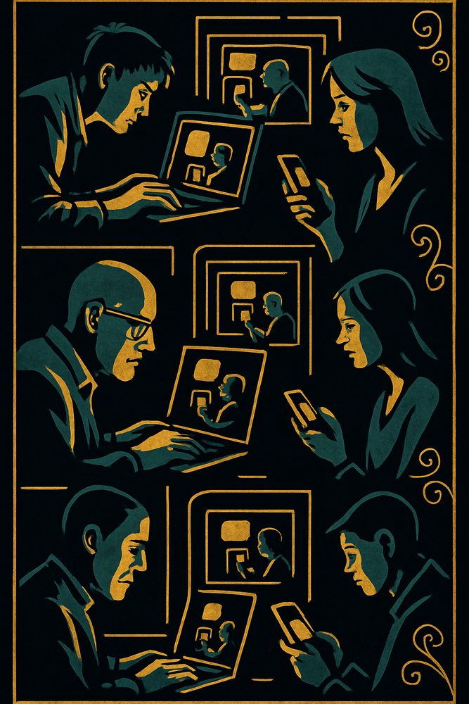 A grid of people bent over glowing devices