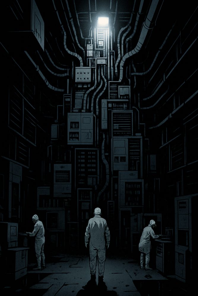 Figures in bunny suits in a chip fabrication corridor