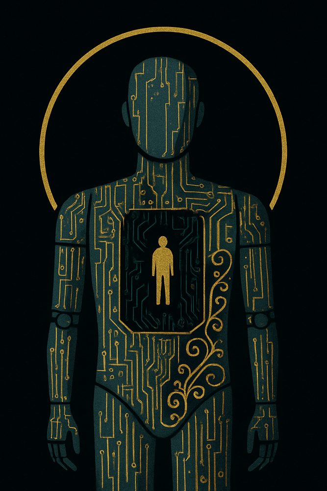 The same figure again, its interior circuitry holding a smaller figure