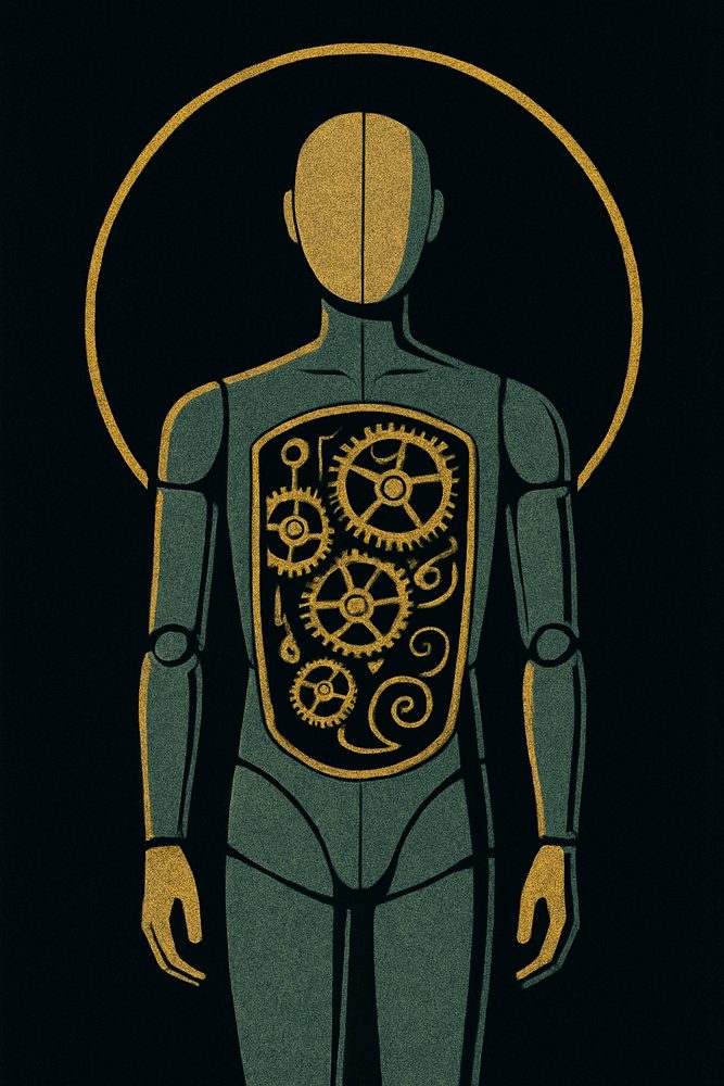 A haloed figure whose interior is clockwork gears