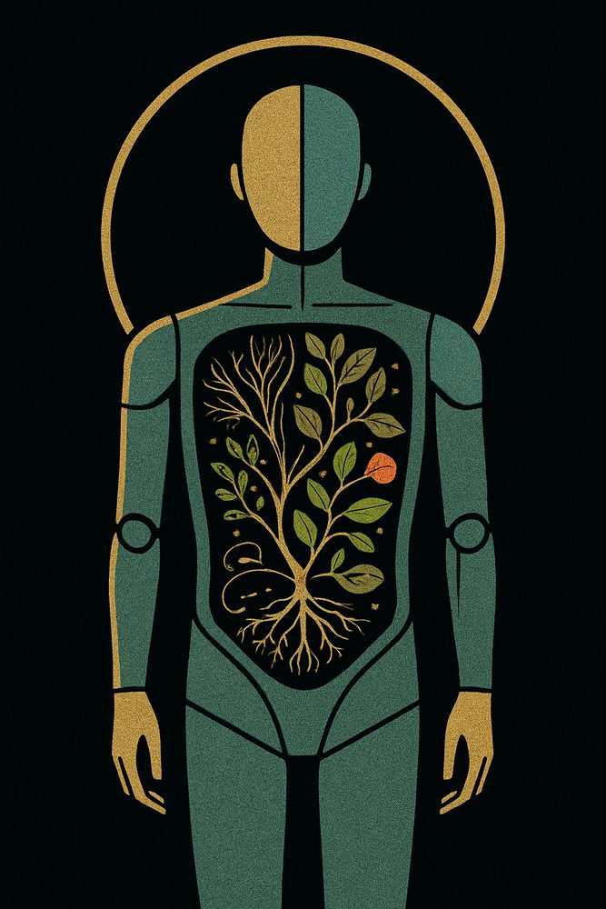 The same figure, its interior a growing tree