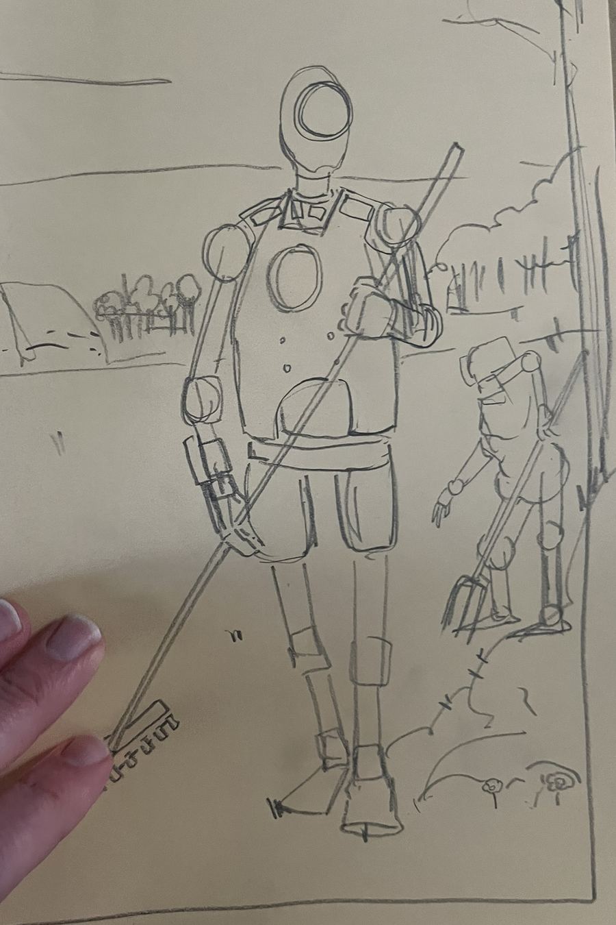 The original pencil drawing — two robots working a garden at low sun