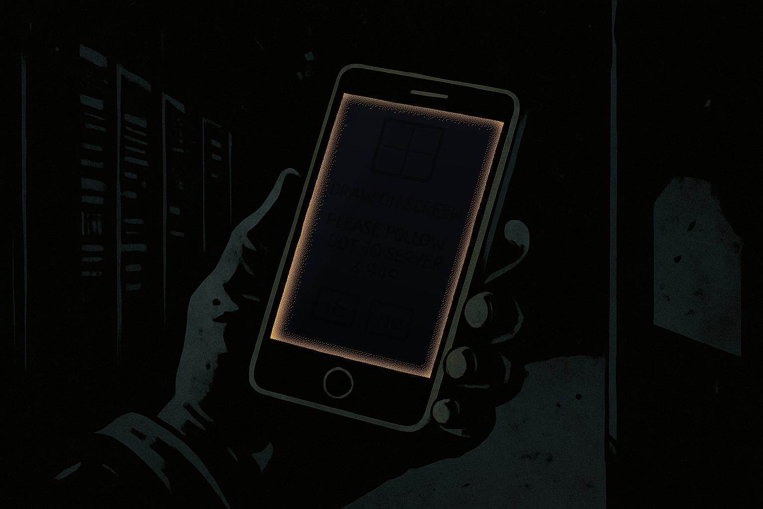 A hand holding a phone, the screen dark, in a server hall
