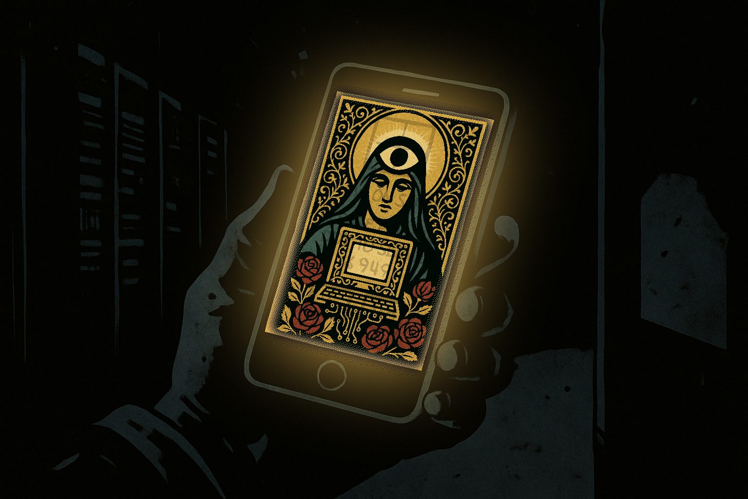 The same hand, the screen now lit with a haloed figure