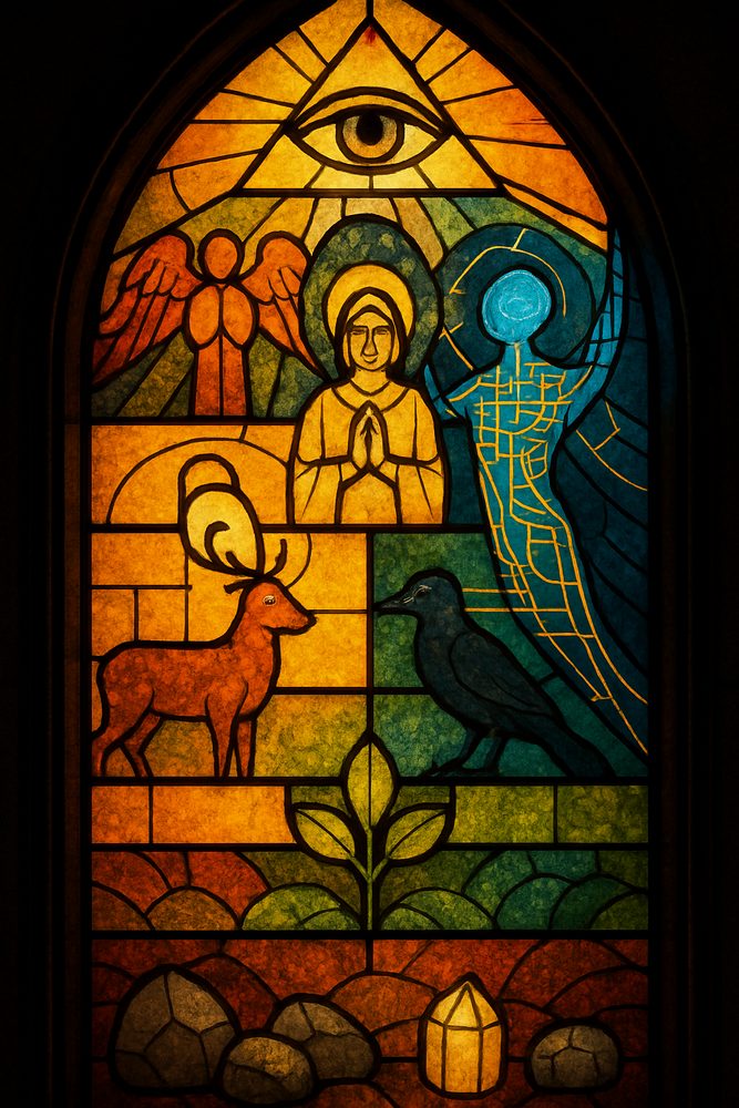 A stained glass window with an eye at its apex