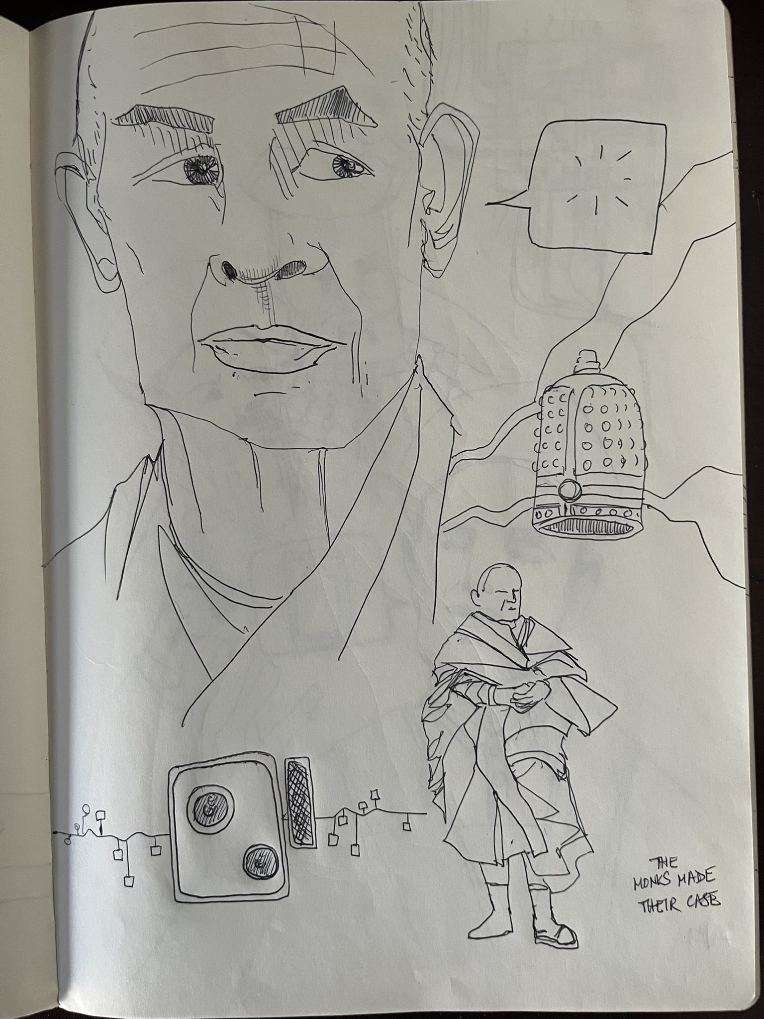 Raw sketchbook drawing — the procession of faiths