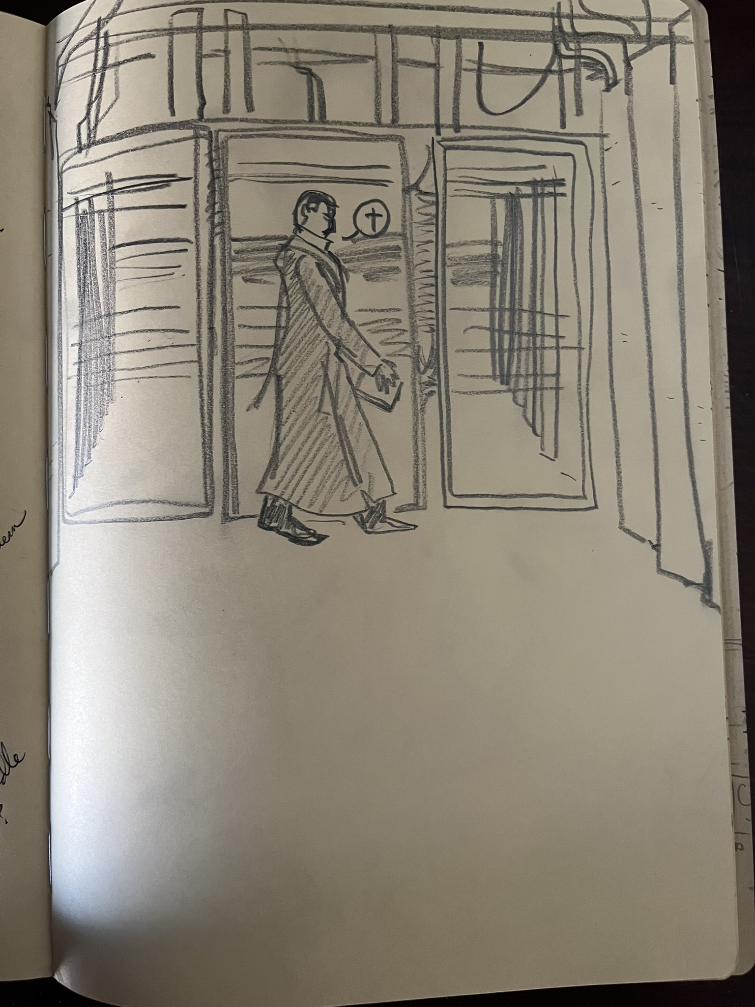 Raw sketchbook drawing — Joseph among the racks