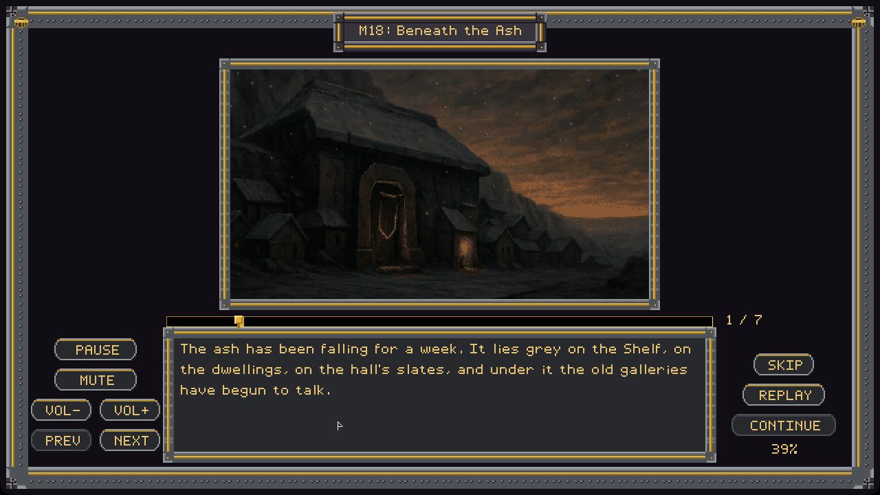 The briefing for the eighteenth and last mission, as the game shows it: an illustrated still, the narrated text line by line, and controls to pause, replay or skip.