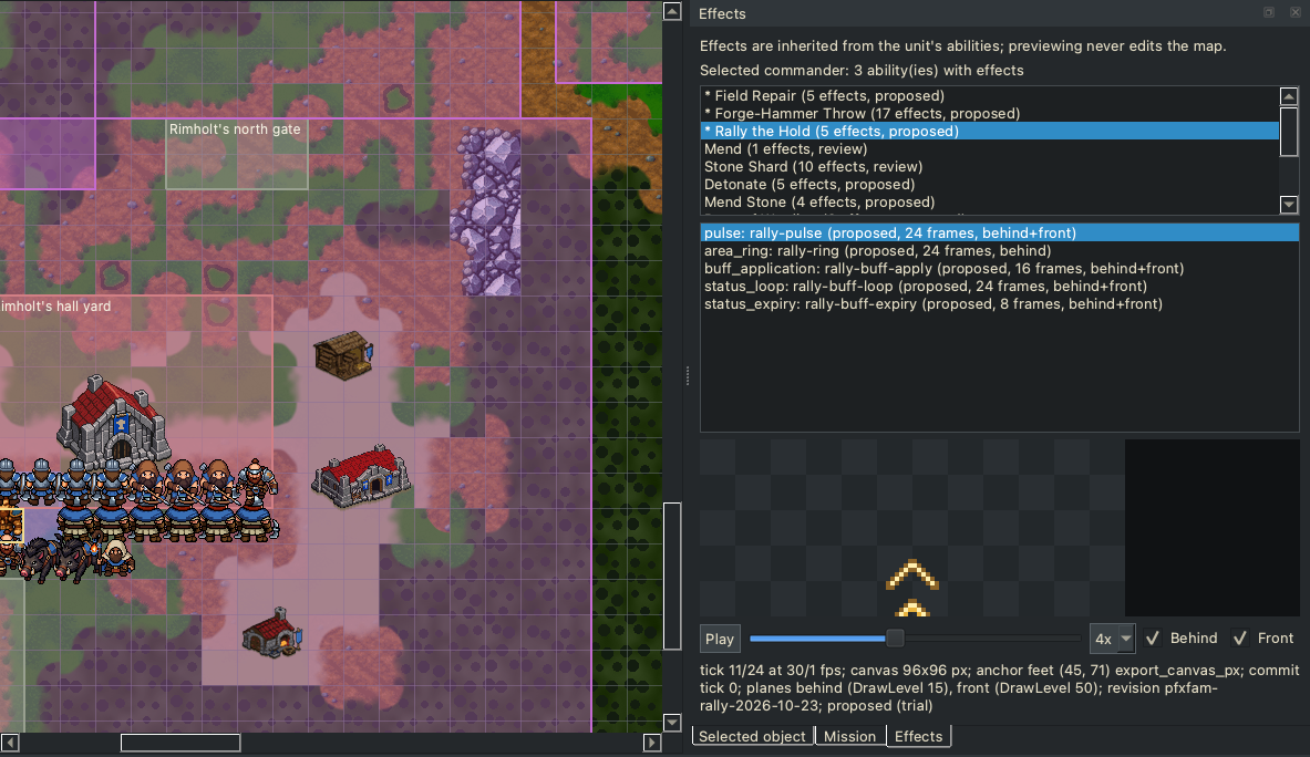 A mission open in the map editor, with the new Effects panel on the right. The commander is selected, and the panel lists the effect layers of Rally the Hold, with a frame-by-frame preview below. Previewing never changes the map.