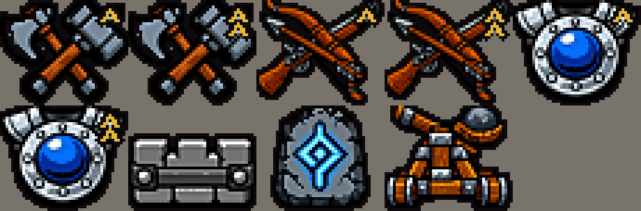 Candidate icons for the new research. Top row: melee tiers I and II, ranged tiers I and II, armour tier I. Bottom row: armour tier II, building armour, caster training, Siege Engineering. Tier II reuses the tier I picture with a second chevron.