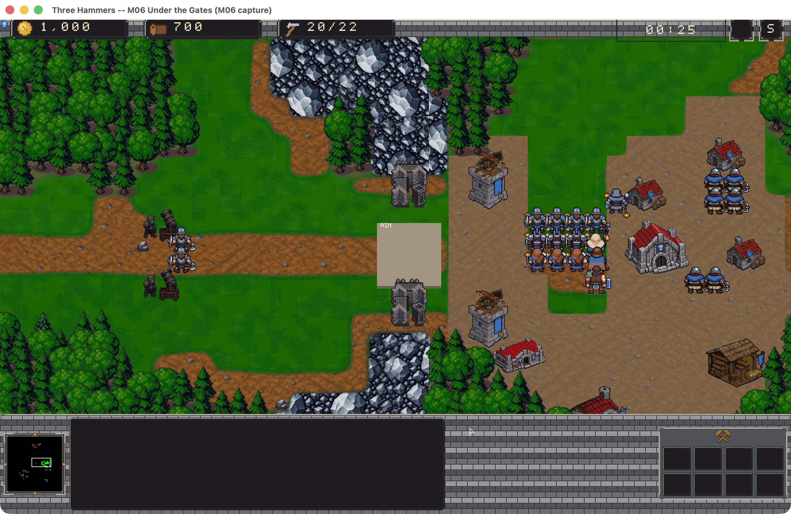 The sixth mission, Under the Gates: the West Gate between its towers, the Dark Iron siege engines on the road, and the hold's company mustered inside.