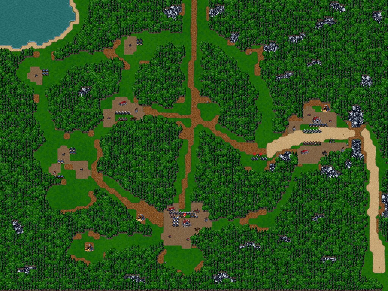 The seventh mission, Orders in Stone, rendered from the editor: forest lanes, steads at the crossroads, and the sand road along the east.