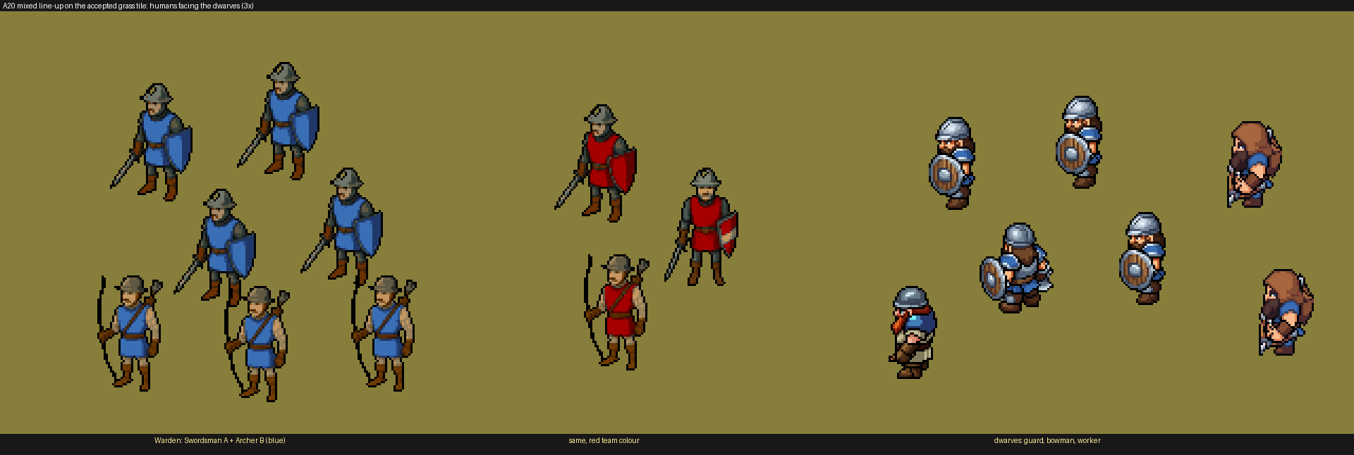 The first pass: Swordsman A and Archer B in the Warden's blue and in red, facing the dwarven guard, bowman and worker.