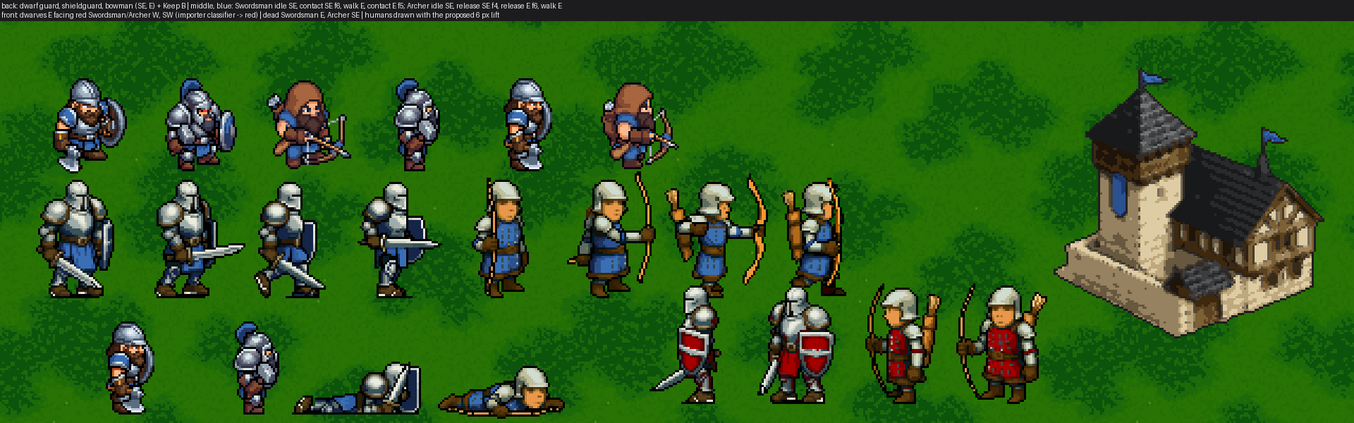 The animated pair: the Swordsman idle, walking and striking, the Archer drawing and releasing, both in blue and red, and both dead, beside Keep B.