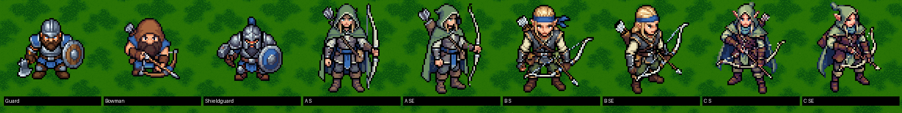 The Elf Archer candidates, south and south-east, beside the accepted dwarven Guard, Bowman and Shieldguard. A: hooded, with a tall pale longbow held upright. B: bare-headed with a blue headband, bow held low. C: arrow nocked across the body.