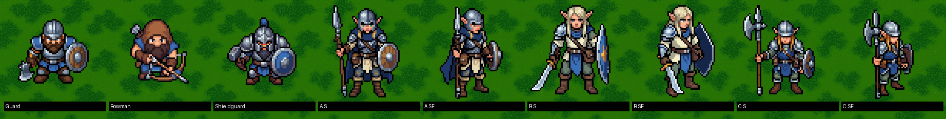 The Elf Guardian candidates. A: leaf-bladed spear, round wooden shield, steel half-helm. B: curved blade and tall kite shield. C: a broad glaive and a buckler.