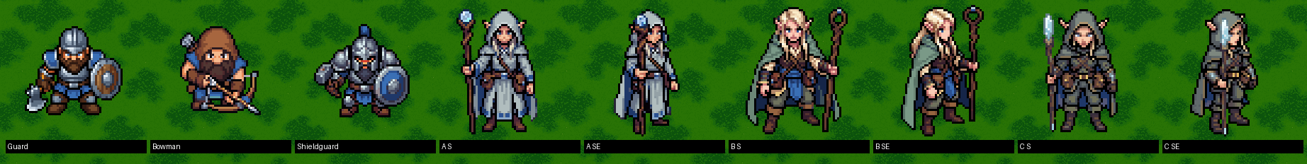 The Elf Mystic candidates. A: pale grey layered robe, hood up, a staff topped with a small frosted-glass bead. B: bare head, sage coat, an open ring-headed staff. C: dark grey-green cloak and a slim glass-shard staff.