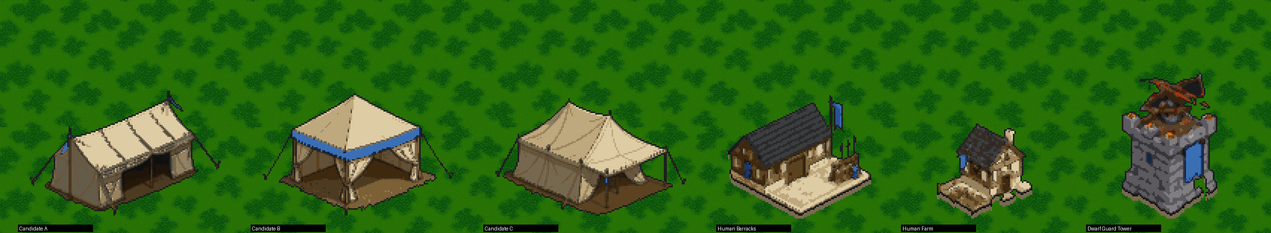 Pavilion candidates on their 4 x 3 footprint, beside the Human Barracks, Human Farm and Dwarf Guard Tower. A: a long ridge tent, open at the front. B: a hip-roofed canvas with tied-back curtains. C: a peaked canvas with a lean-to awning.
