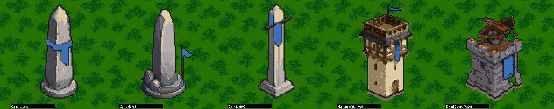 Warding Stone candidates on their 2 x 2 footprint, beside existing buildings. A: a tapering monolith on a round footing. B: a tall rounded stone on a two-step plinth. C: a slim obelisk with a banner on a crossbar.