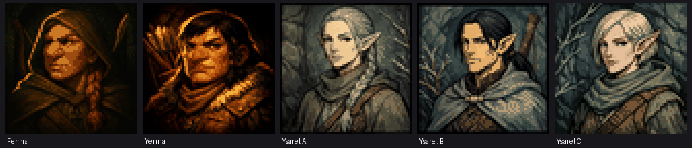 Ysarel candidates beside the accepted portraits of Fenna and Yenna. A: grey-silver braid, high-collared sage coat. B: long dark hair, grey cloak. C: short pale hair, hood back, a wound scarf.