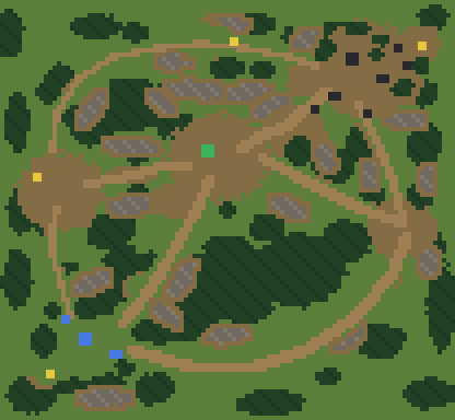The adopted layout, also at 30%: rock now runs in ridges along the valley sides and the hall's back wall, and the Charcoal Wood is a real wood.