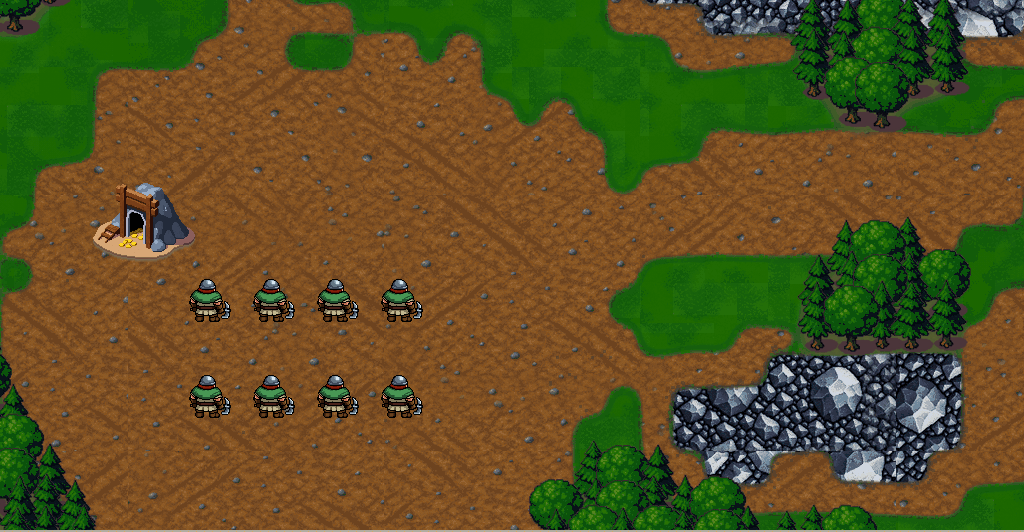 The Hands' Yard: the eight skilled workers the overseers left behind, beside the richest seam on the map. They stand apart, so they are freed one at a time.