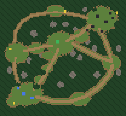The original sketch, at minimap size: about 67% of the ground is forest or rock. The roads are clear, but almost everything between them is blocked.