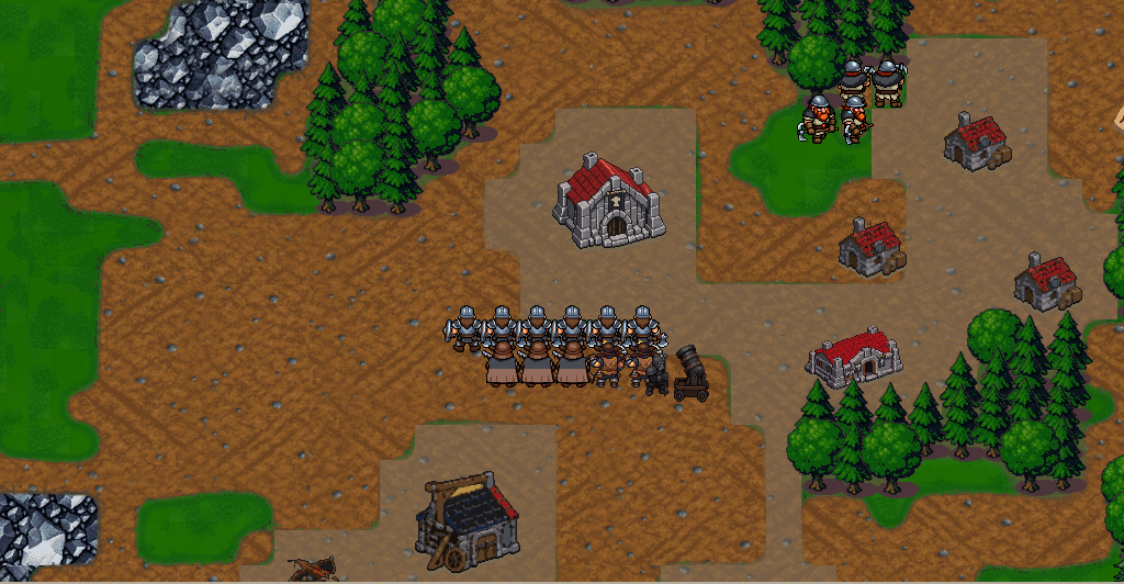 The rival claimant's camp on the far rim, with its hall, foundry, towers and standing garrison. Breaking this hall is how the mission is won.
