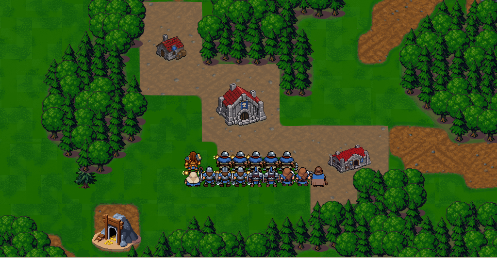 The player's start, the Spur Camp: a lent camp with no wall, the starting host lined up, and its own small gold seam tucked behind it.