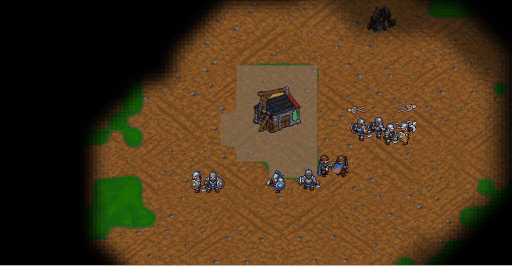 Nearly eight minutes in: the rival's first strike column has reached the Casting Hall and runs into its defenders, with a bombard at the edge of sight.