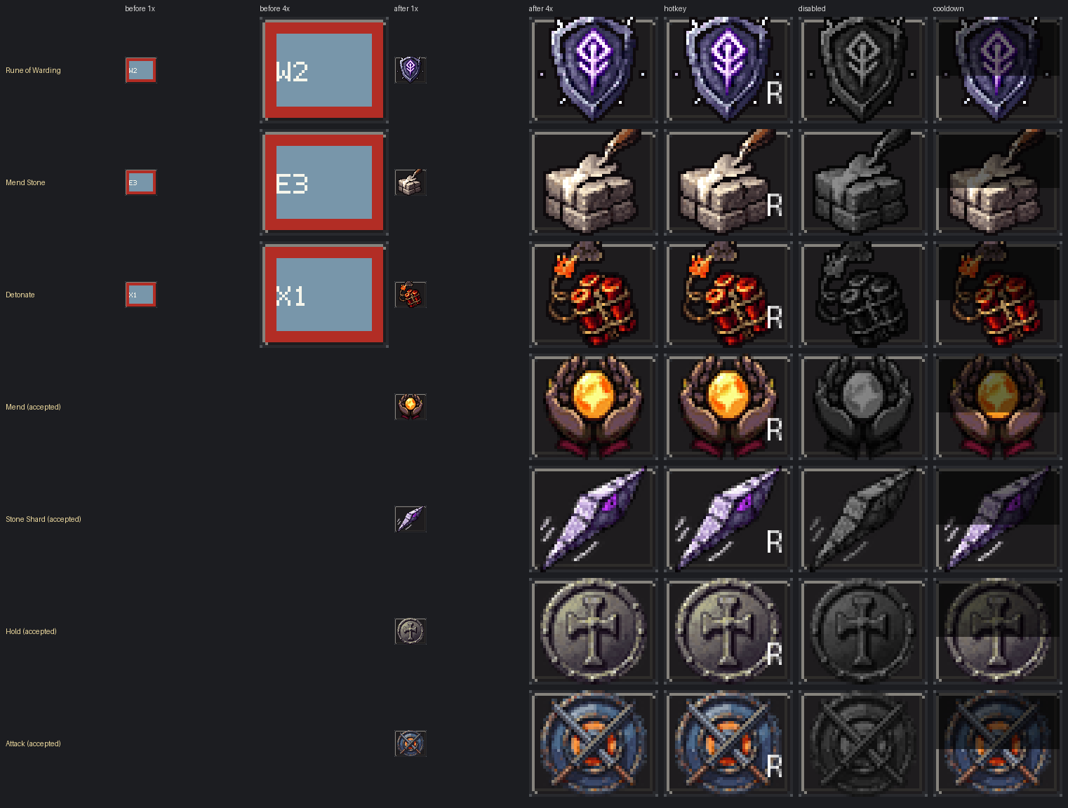 Rune of Warding, Mend Stone and Detonate: the placeholder tiles they replaced, and the finished icons in their normal, hotkey, disabled and cooldown states.