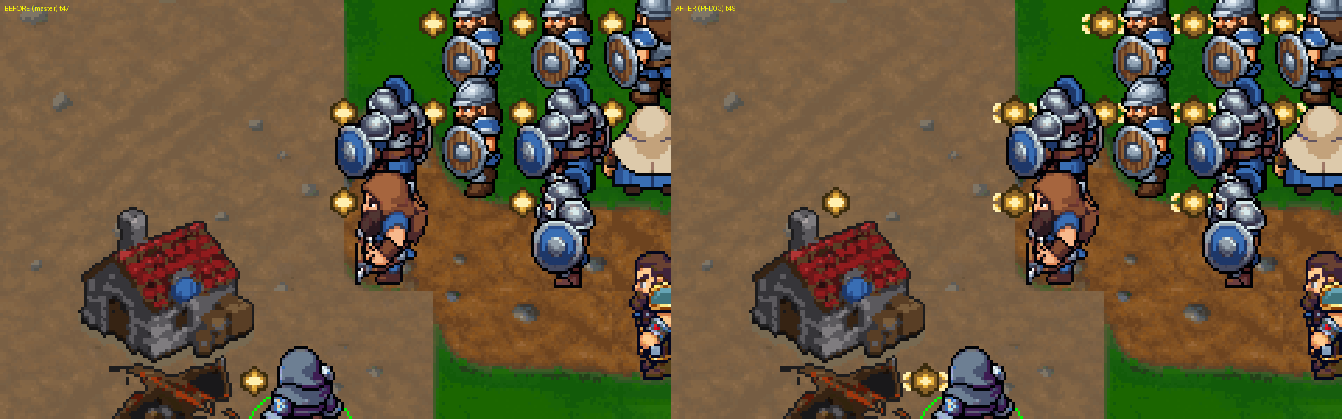 Before and after: the same squad with Rune of Warding active. On the right, each warded unit carries the glyph; on the left, nothing told you.