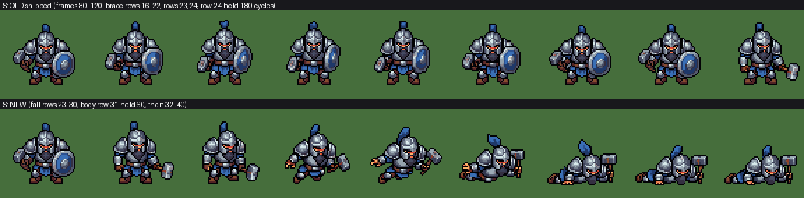 The Shieldguard's old death above, new below: the old one stays on its feet, the new one goes down and lies.