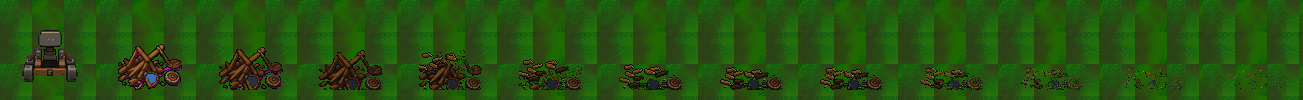 The Siege Engine, then the stages of its wreck left to right: planks, scorch, and a slow dissolve.